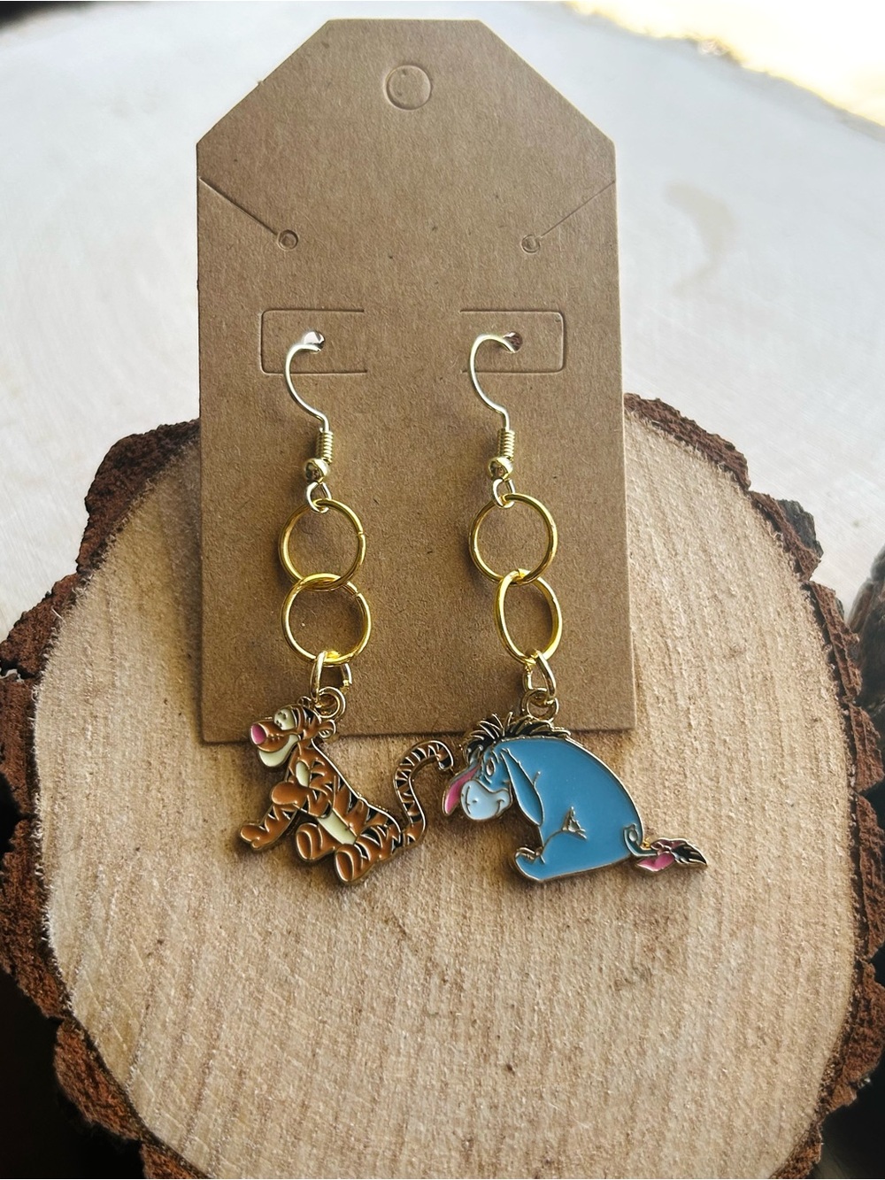 Disney Winnie the Pooh Tigger & Eeyore Handmade Dangle Earrings Gold Tone - Picture 2 of 6